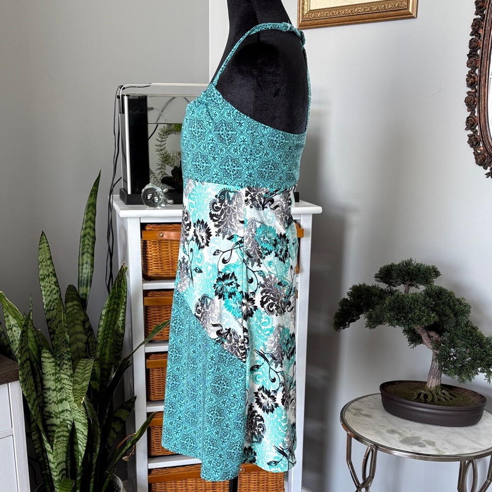 lola Teal Patchwork Mini Dress with Black & White Floral Accents - Picture 3 of 5